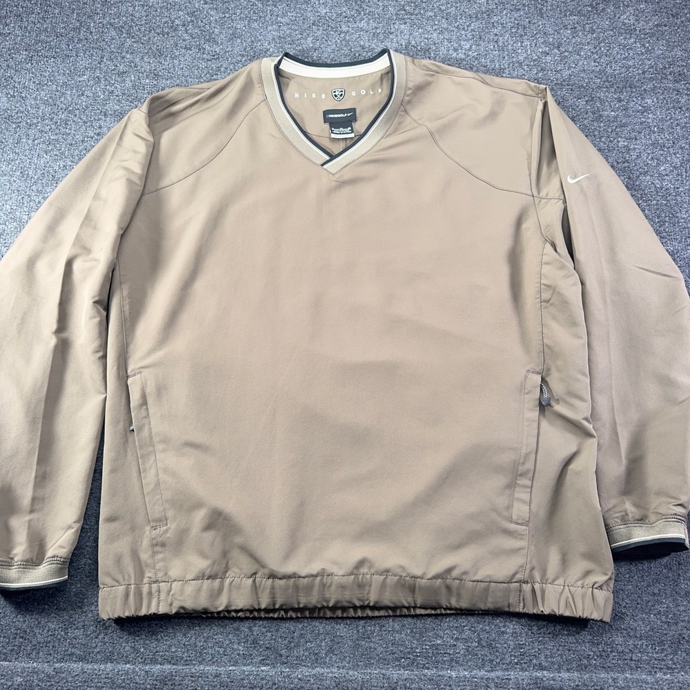 Nike Golf Windbreaker Pullover Mens XL Tan Khaki V-Neck Lined Jacket Pocketed